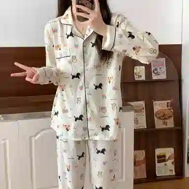 静英鸾 可爱卡通图案满印简约舒适翻领可外穿家居服睡衣套装 女款