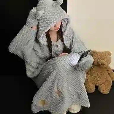 静英鸾 休闲时尚简约灰甜美可爱卡通柔软保暖舒适可外穿家居服睡裙 女款