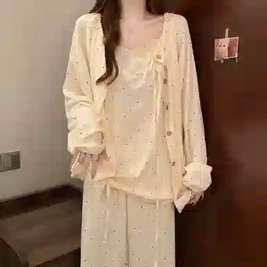 静英鸾 可外穿舒适圆领设计彩色波点长袖三件套家居服睡衣套装 女款