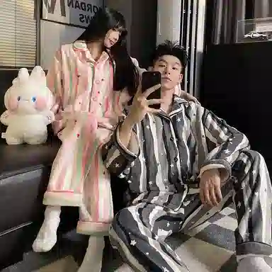 静英鸾 翻领卡通爱心星星甜美风珊瑚绒加绒加厚保暖家居服秋冬季睡衣套装 男女同款