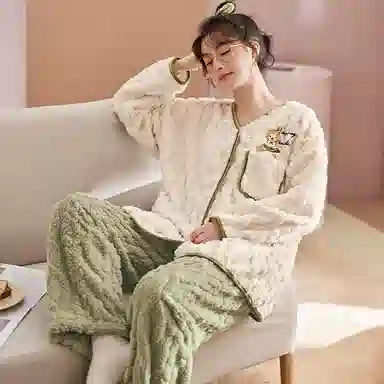 静英鸾 卡通图案可外穿风格长袖轻盈加绒加厚家居服睡衣套装 女款