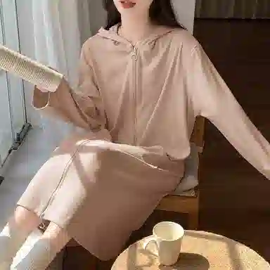 静英鸾 德绒长袖长裙连帽拉链纯色简约柔软休闲家居服秋冬季保暖套装 女款