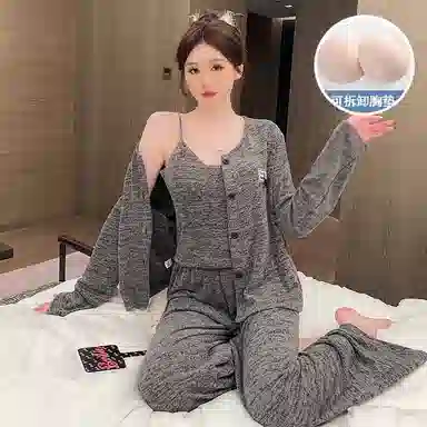 静英鸾 棉质羊绒长袖吊带长裤开衫纯色简约舒适家居服秋冬季睡衣套装 女款