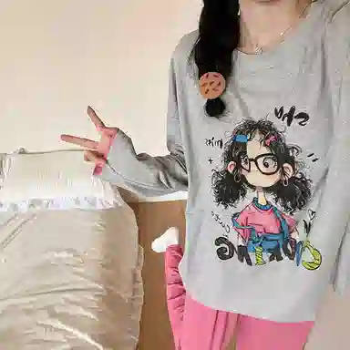 静英鸾 棉质带胸垫长袖长裤圆领套头可爱甜美女孩家居服秋冬季睡衣套装 女款
