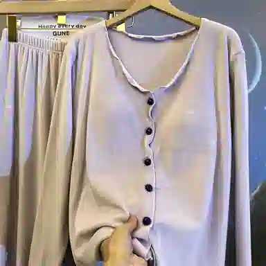 静英鸾 羊毛绒长袖长裤圆领开衫纯色甜美舒适两件套家居服秋冬季保暖套装 女款