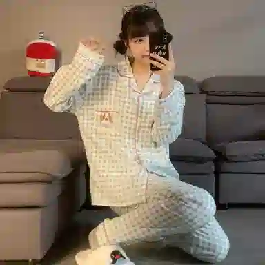 静英鸾 家居女舒适简约翻领设计格子图案长袖服睡衣礼盒 女款