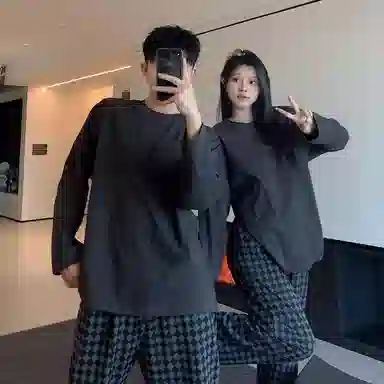 静英鸾 纯色圆领简约风休闲舒适家居服睡衣套装 男女同款
