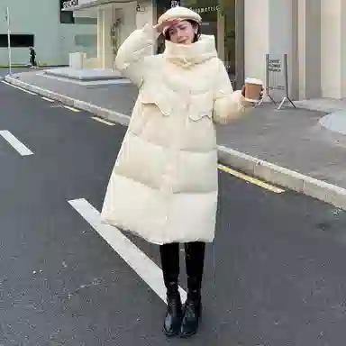 鸭鸭 鸭绒简约时尚通勤保暖蓬松纯色舒适休闲连帽中长款外套羽绒服 女款