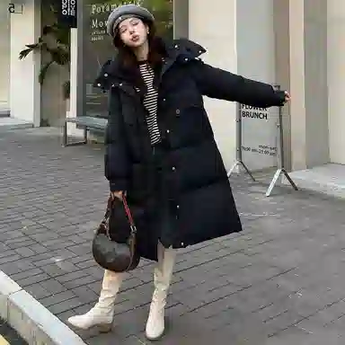 鸭鸭 鸭绒简约时尚通勤保暖蓬松纯色舒适休闲连帽中长款外套羽绒服 女款