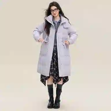 鸭鸭 纯色连帽加厚中长款通勤收腰韩系修身羽绒服 女款