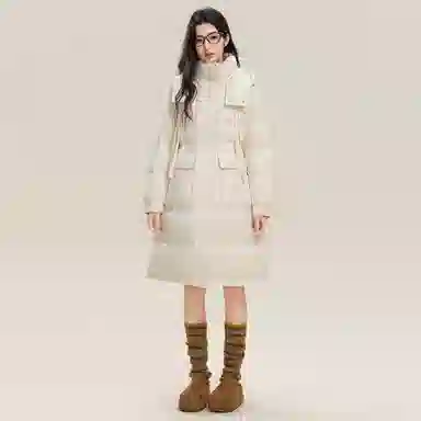 鸭鸭 纯色连帽加厚中长款通勤收腰韩系修身羽绒服 女款