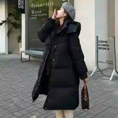 鸭鸭 鸭绒简约时尚通勤保暖蓬松纯色舒适休闲连帽中长款外套羽绒服 女款