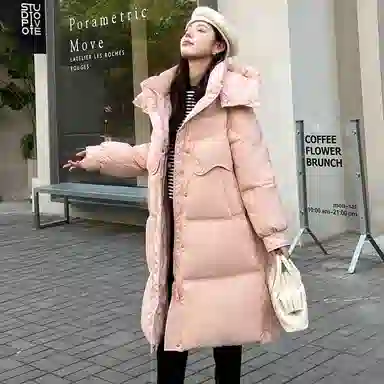 鸭鸭 鸭绒简约时尚通勤保暖蓬松纯色舒适休闲连帽中长款外套羽绒服 女款