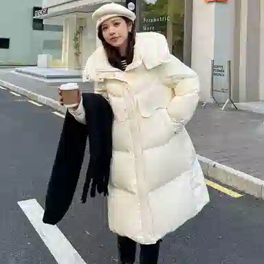 鸭鸭 鸭绒简约时尚通勤保暖蓬松纯色舒适休闲连帽中长款外套羽绒服 女款