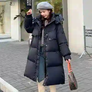 鸭鸭 鸭绒简约时尚通勤保暖蓬松纯色舒适休闲连帽中长款外套羽绒服 女款