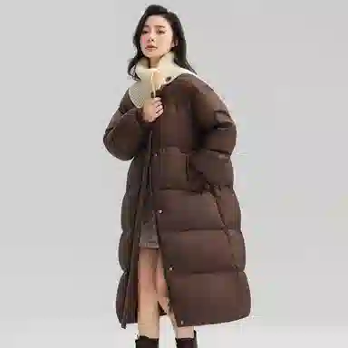 鸭鸭 长款针织拼接翻领通勤洋气保暖舒适冬装外套上衣羽绒服 女款