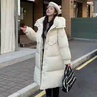 鸭鸭 鸭绒简约时尚通勤保暖蓬松纯色舒适休闲连帽中长款外套羽绒服 女款