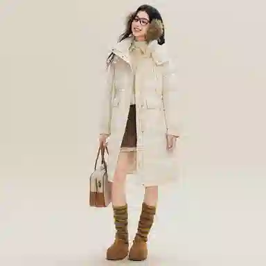 鸭鸭 纯色连帽加厚中长款通勤收腰韩系修身羽绒服 女款