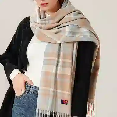 红豆 条纹拼色格子流苏百搭保暖外搭 聚酯纤维 绒线围巾 男女同款情侣款