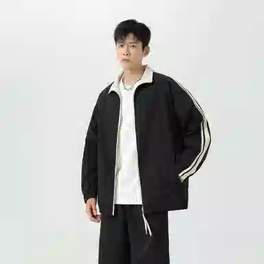 八哥 美式高街基础款双面穿经典复古纯色条纹拼接撞色宽松潮流时尚舒适设计感百搭通勤日常简约工装飞行员翻领长袖外套夹克 男女同款