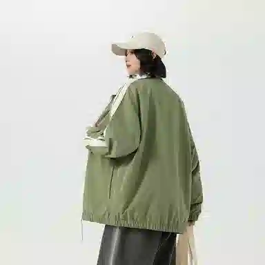 八哥 美式高街基础款双面穿经典复古纯色条纹拼接撞色宽松潮流时尚舒适设计感百搭通勤日常简约工装飞行员翻领长袖外套夹克 男女同款