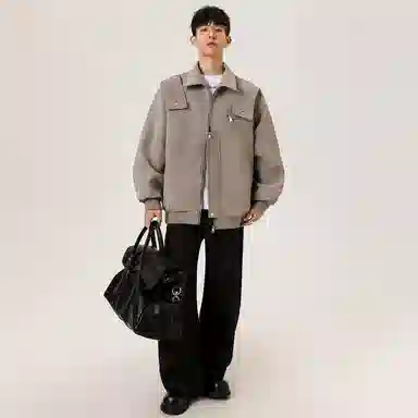 八哥 美式复古高街基础款经典纯色扎染宽松潮流时尚舒适设计感百搭通勤套头简约工装飞行员翻领长袖外套夹克 男女同款