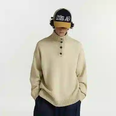 八哥 美式复古高街秋季经典纯色舒适休闲百搭宽松设计感基础款亲肤软糯柔软高领纽扣慵懒针织衫 男女同款