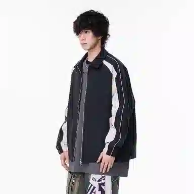 八哥 美式高街基础款经典纯色拼接撞色复古宽松潮流时尚舒适设计感百搭通勤简约工装飞行员翻领长袖外套夹夹克 男女同款