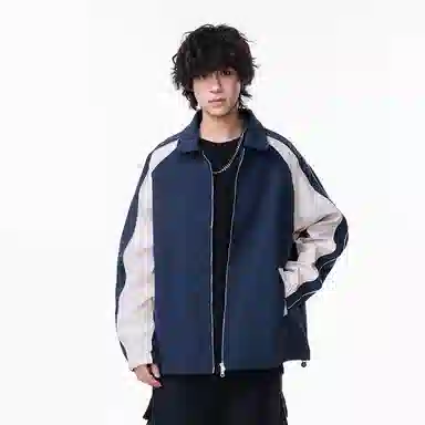 八哥 美式高街基础款经典纯色拼接撞色复古宽松潮流时尚舒适设计感百搭通勤简约工装飞行员翻领长袖外套夹夹克 男女同款