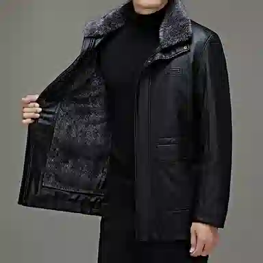 老爷车 冬装外套中老年男士加绒加厚毛领可拆卸皮夹克防寒衣皮衣 男款