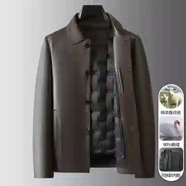 老爷车 秋冬高端绵羊鹿纹皮鹅绒真皮夹克可拆卸内胆商务休闲外套皮衣 男款