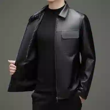 男士春秋休闲工装纯色防风翻领皮夹克外套皮衣 男款