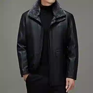 老爷车 冬装外套中老年男士加绒加厚毛领可拆卸皮夹克防寒衣皮衣 男款