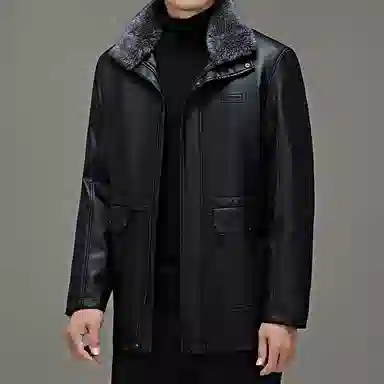 老爷车 冬装外套中老年男士加绒加厚毛领可拆卸皮夹克防寒衣皮衣 男款