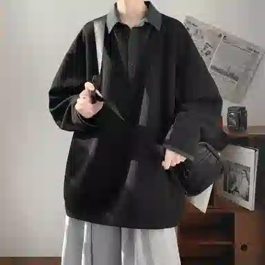 洋气先生 美式复古高街简约纯色潮流针织翻领拼接撞色单排扣落肩袖日常休闲舒适学院风假两件宽松百搭时尚无性别主义个性通勤卫衣 男女同款