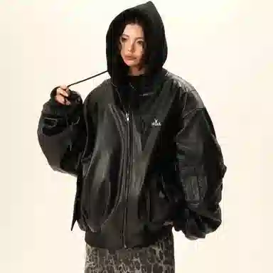 洋气先生 美式复古简约时尚小众高级感潮流帅气日常基础休闲宽松百搭防风保暖城市机能风纯色氛围感假两件外套皮夹克 男女同款
