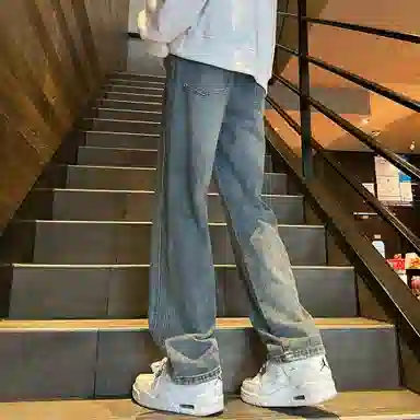 洋气先生 美式复古高街重工水洗做旧废土风阔腿直筒宽松垂感拖地抽绳系带松紧腰休闲百搭长款极简风基础款通勤牛仔裤 男女同款