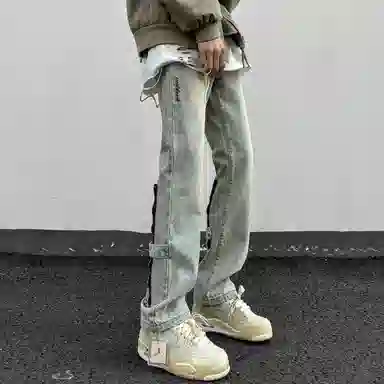 洋气先生 美式复古高街潮牌重水洗纯色拼接拉链装饰小众设计高级感中腰微喇弯刀百搭宽松痞帅潮酷嘻哈街头牛仔裤 男女同款