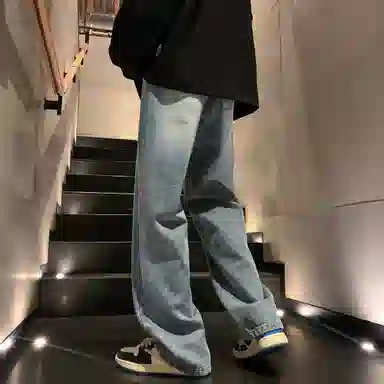 洋气先生 美式复古高街纯色水洗做旧磨白废土风宽松中腰松紧抽绳系带弹力直筒百搭阔腿无性别主义日常通勤运动休闲牛仔裤 男女同款