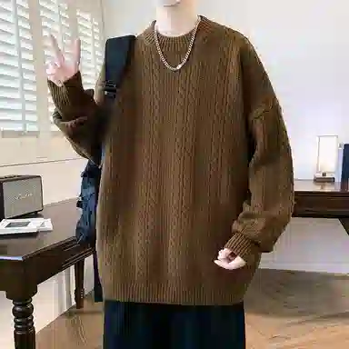 洋气先生 美式高街潮牌无性别主义纯色潮流慵懒感卫衣麻花纹理感日常外穿通勤户外微阔圆领套头长袖简约休闲时尚百搭针织衫 男女同款
