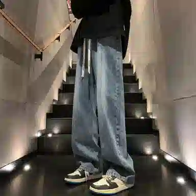 洋气先生 美式复古高街纯色水洗做旧磨白废土风宽松中腰松紧抽绳系带弹力直筒百搭阔腿无性别主义日常通勤运动休闲牛仔裤 男女同款