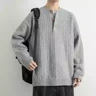 洋气先生 美式复古高街宽松纹理麻花纹圆领潮流百搭加厚御寒保暖重磅老钱套头风高级感简约慵懒风上身温和舒适衬衫针织衫 男女同款