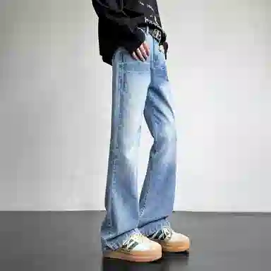 洋气先生 美式高街复古做旧水洗渐变磨白微喇百搭时尚纯色直筒闪电纹设计宽松舒适休闲中腰显高显瘦垂感拖地日常高级感穿搭牛仔裤 男女同款