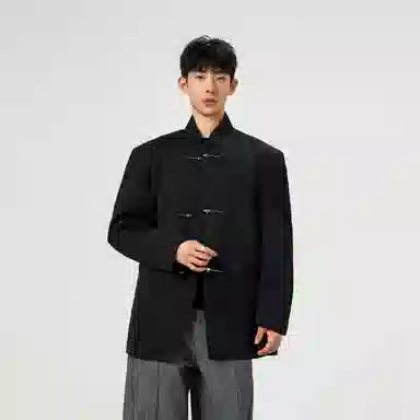 洋气先生 新中式简约纯色商务休闲时尚百搭小众高级感潮流帅气中山装国潮刺绣宽松落肩长袖金属搭扣轻奢无性别主义外套西装 男女同款