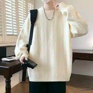 洋气先生 美式高街潮牌无性别主义纯色潮流慵懒感卫衣麻花纹理感日常外穿通勤户外微阔圆领套头长袖简约休闲时尚百搭针织衫 男女同款