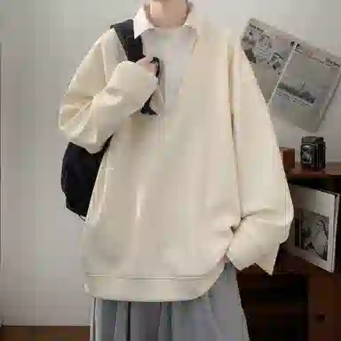 洋气先生 美式复古高街简约纯色潮流针织翻领拼接撞色单排扣落肩袖日常休闲舒适学院风假两件宽松百搭时尚无性别主义个性通勤卫衣 男女同款