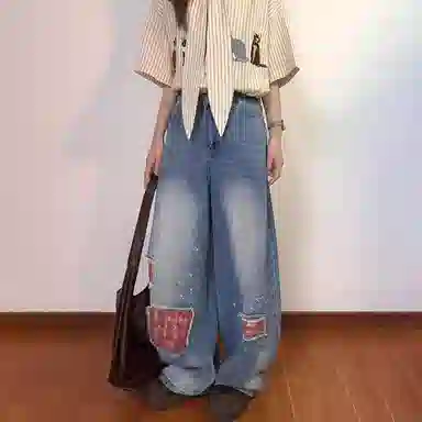 洋气先生 美式高街复古水洗做旧磨白磨破格子贴布小众设计感时尚潮流帅气百搭休闲阔腿垂感中腰直筒显高显瘦氛围感牛仔裤 男女同款