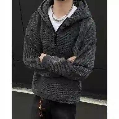 洋气先生 美式复古高街简约纯色半拉链设计时尚风粗花满印小香风学院风帅气宽松休闲百搭港风潮流户外潮牌落肩卫衣 男女同款