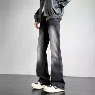 洋气先生 美式高街复古做旧水洗渐变磨白微喇百搭时尚纯色直筒闪电纹设计宽松舒适休闲中腰显高显瘦垂感拖地日常高级感穿搭牛仔裤 男女同款