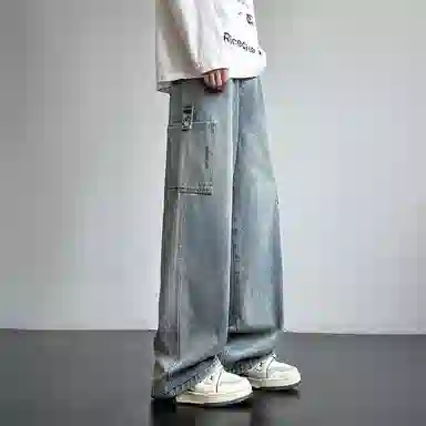 洋气先生 美式极简纯色基础款水洗做旧休闲舒适百搭潮牌复古简约高街大口袋时尚潮流个性创意舒爽阔腿日常通勤中腰宽松直筒牛仔裤 男女同款
